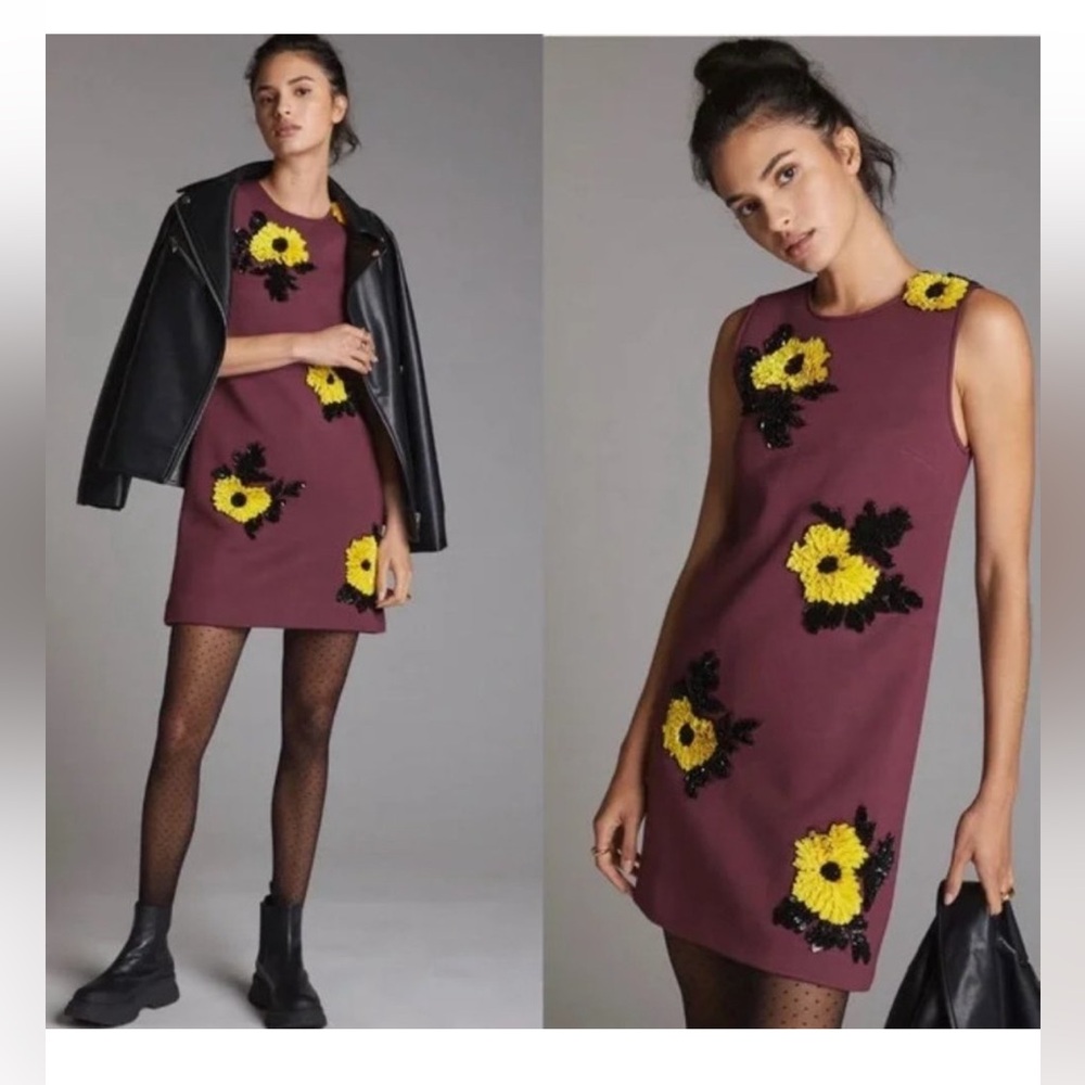 Anthropologie Maroon Dress with Yellow Floral Accents